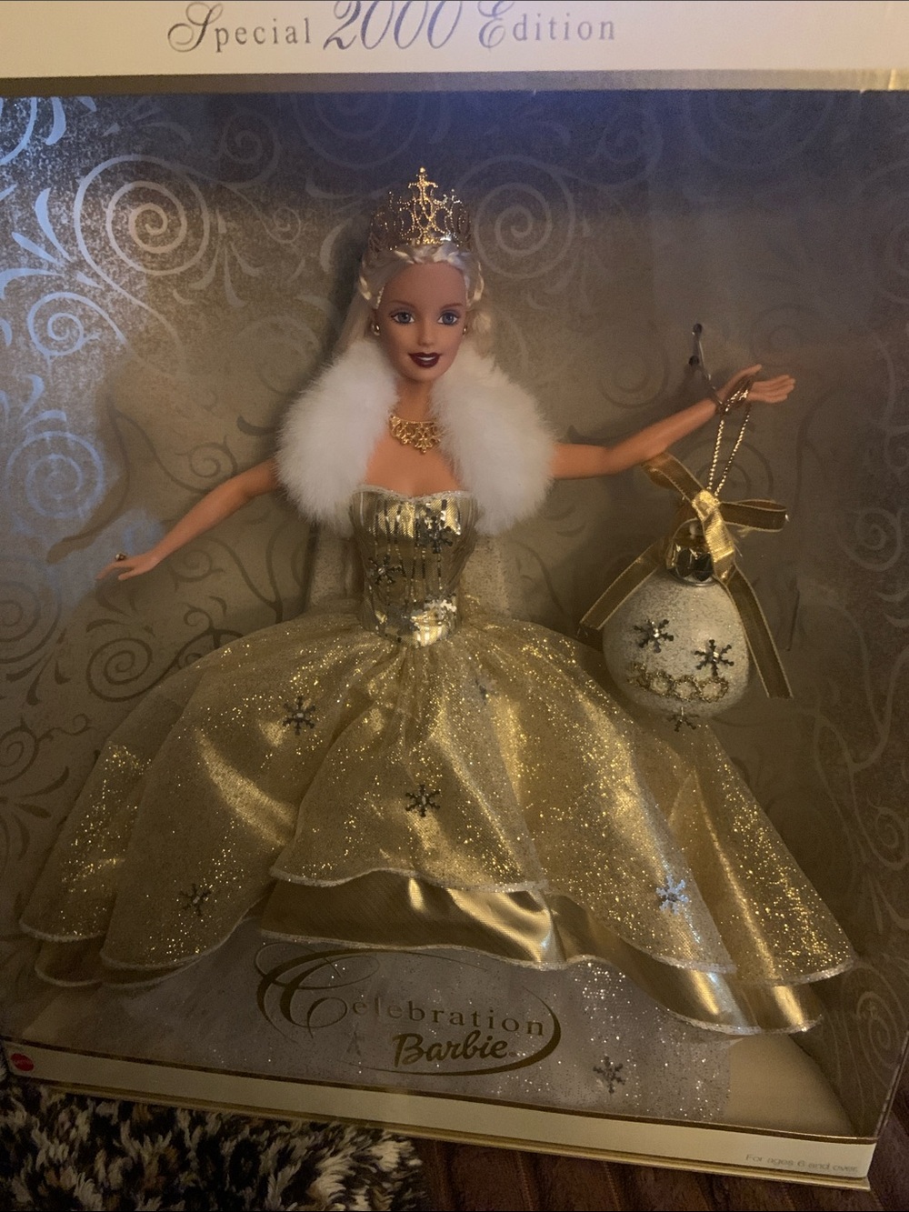 Barbie Gold Glitter Ball Gown with White Fur Collar